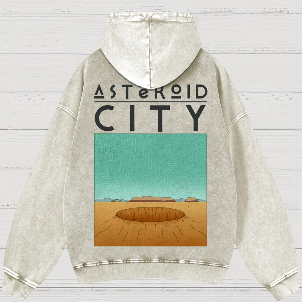 Retro Desert Crater & Sci-Fi Typography Washed Hoodies