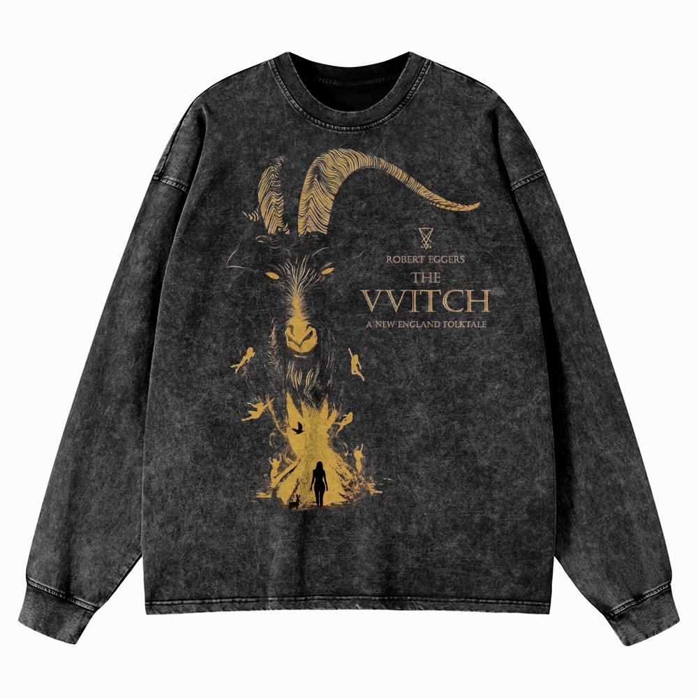 Folk Horror Goat Ritual Washed Long-Sleeved T-Shirt 