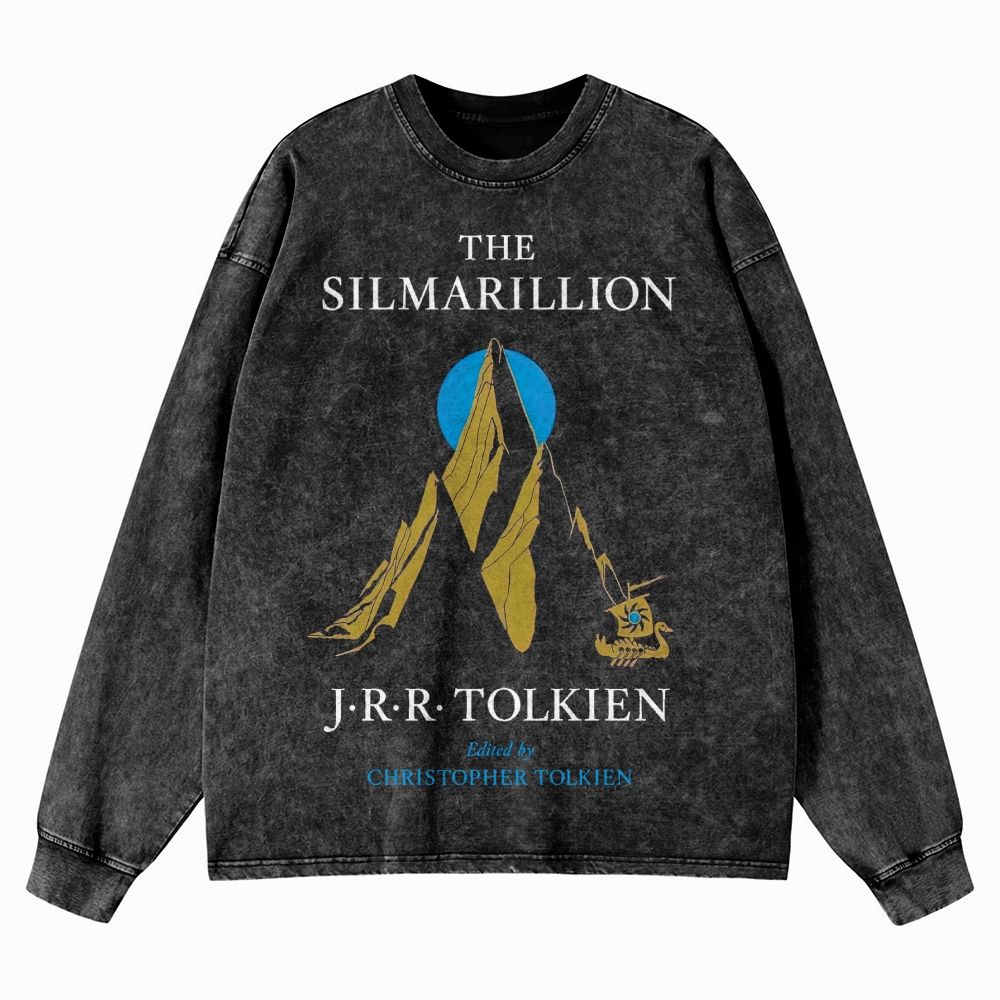 Mythic Mountains & Swan Ship Fantasy Washed Long-Sleeved T-Shirt 