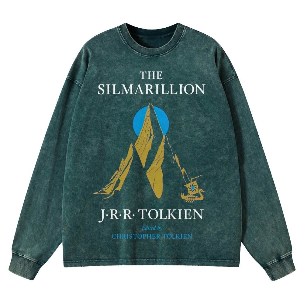 Mythic Mountains & Swan Ship Fantasy Washed Long-Sleeved T-Shirt 