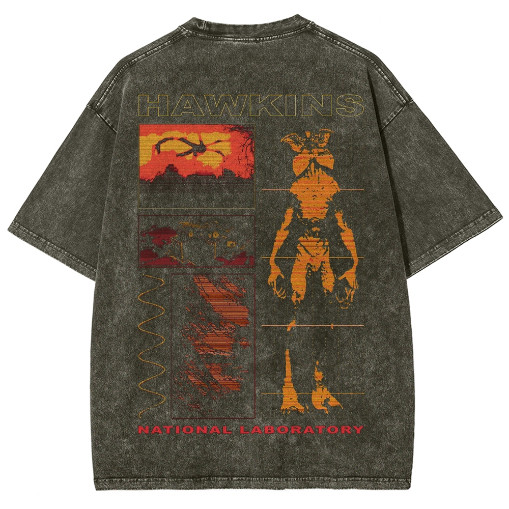 Sci-Fi Horror Lab & Creature Graphic Retro Washed T-Shirt
