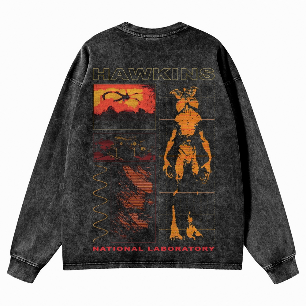 Sci-Fi Horror Lab & Creature Graphic Retro Washed Long-Sleeved T-Shirt