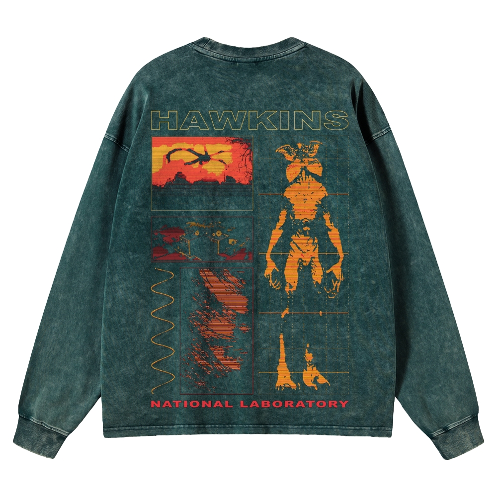 Sci-Fi Horror Lab & Creature Graphic Retro Washed Long-Sleeved T-Shirt