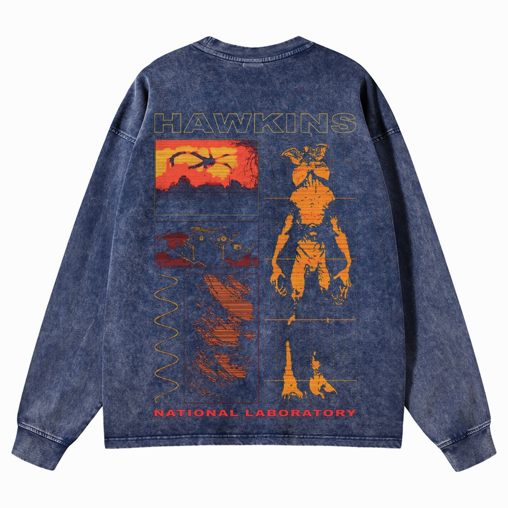 Sci-Fi Horror Lab & Creature Graphic Retro Washed Long-Sleeved T-Shirt
