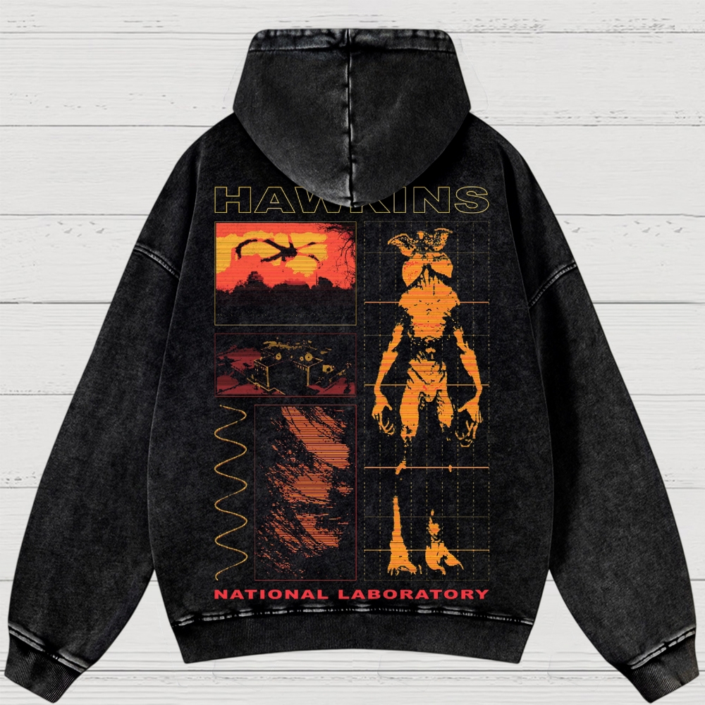 Sci-Fi Horror Lab & Creature Graphic Retro Washed Hoodies