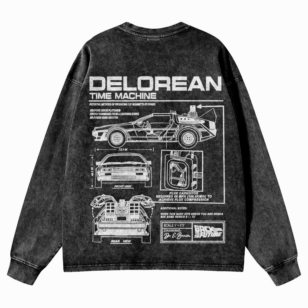 Time Machine Technical Diagram Retro Washed Long-Sleeved T-Shirt