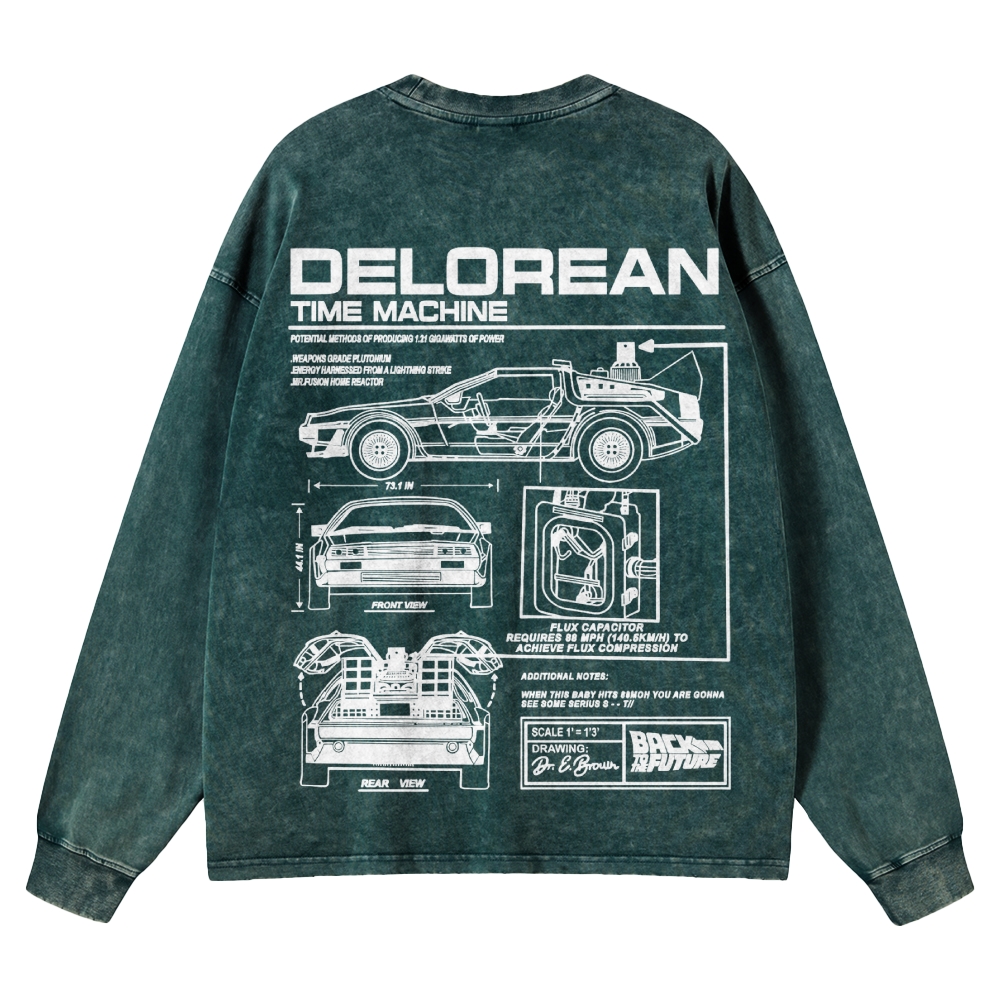 Time Machine Technical Diagram Retro Washed Long-Sleeved T-Shirt