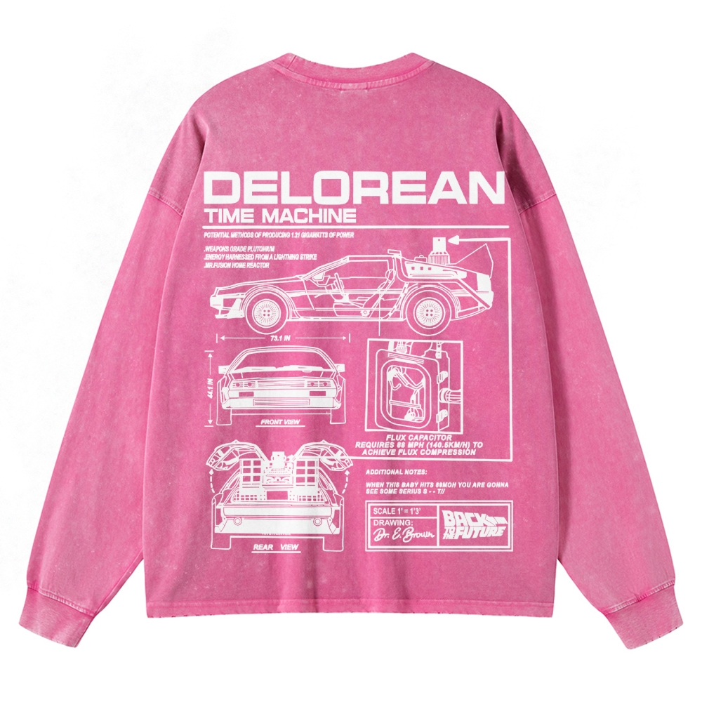 Time Machine Technical Diagram Retro Washed Long-Sleeved T-Shirt