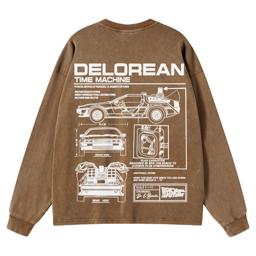 Time Machine Technical Diagram Retro Washed Long-Sleeved T-Shirt