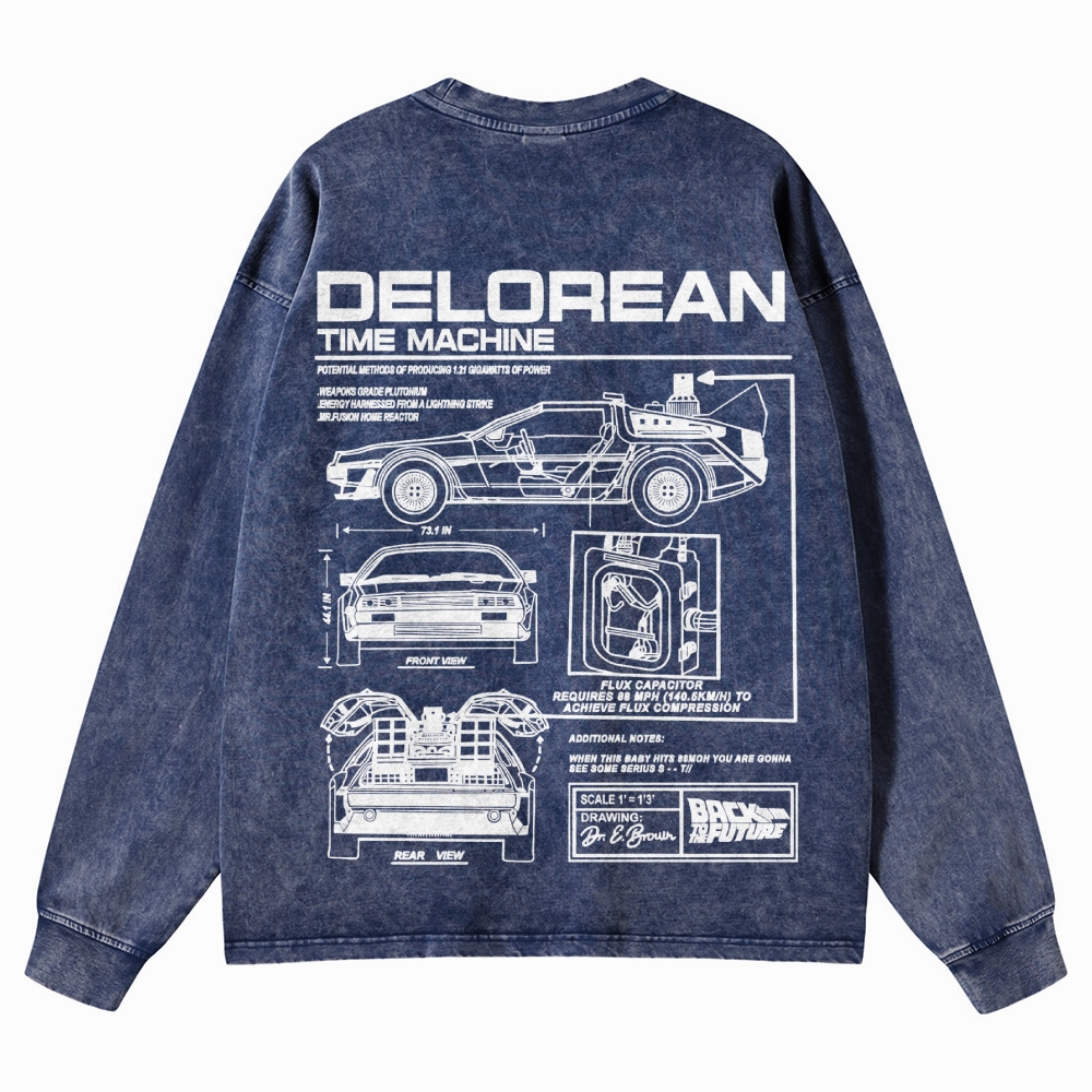 Time Machine Technical Diagram Retro Washed Long-Sleeved T-Shirt
