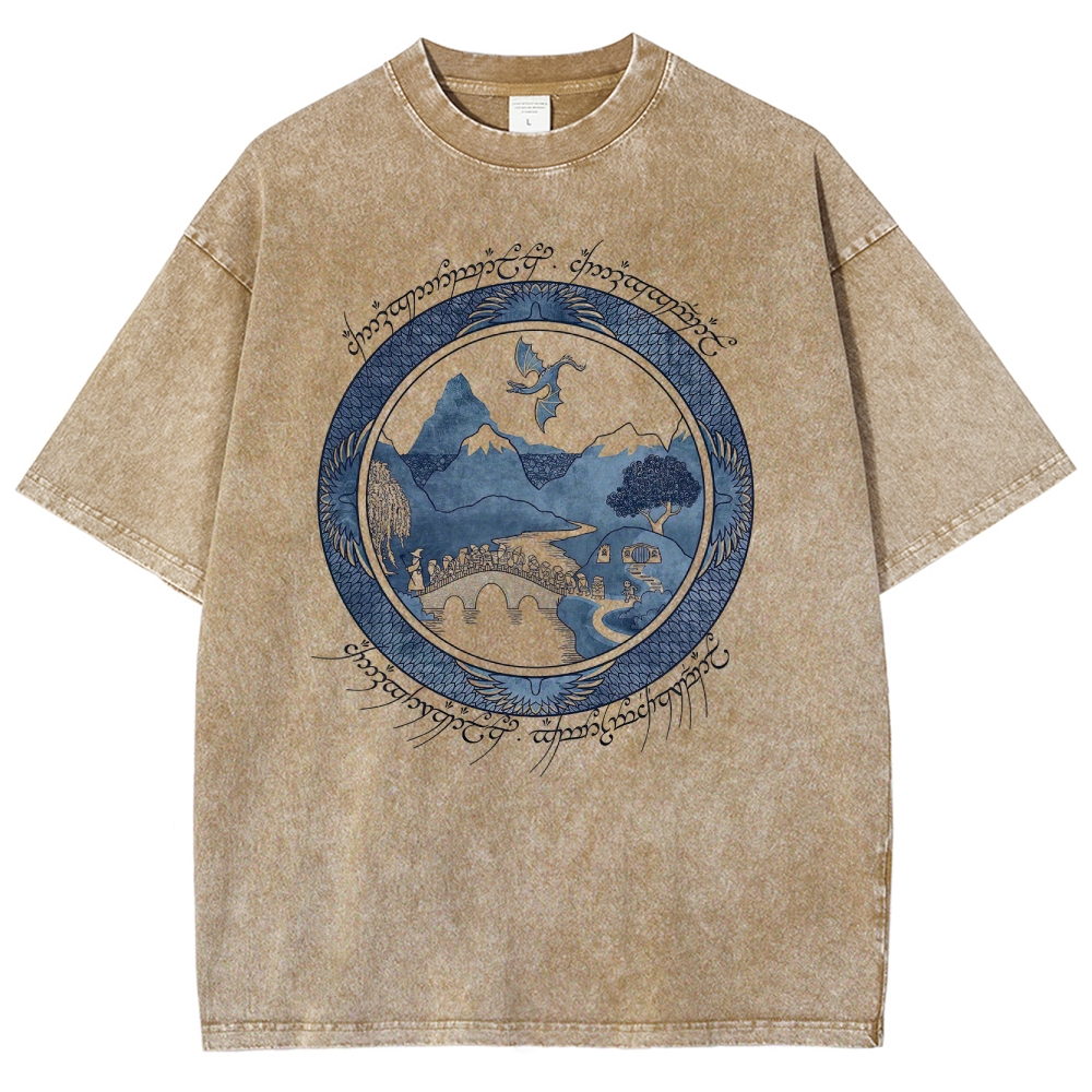 Epic Fantasy Landscape & Creature Graphic Retro Washed T-Shirt