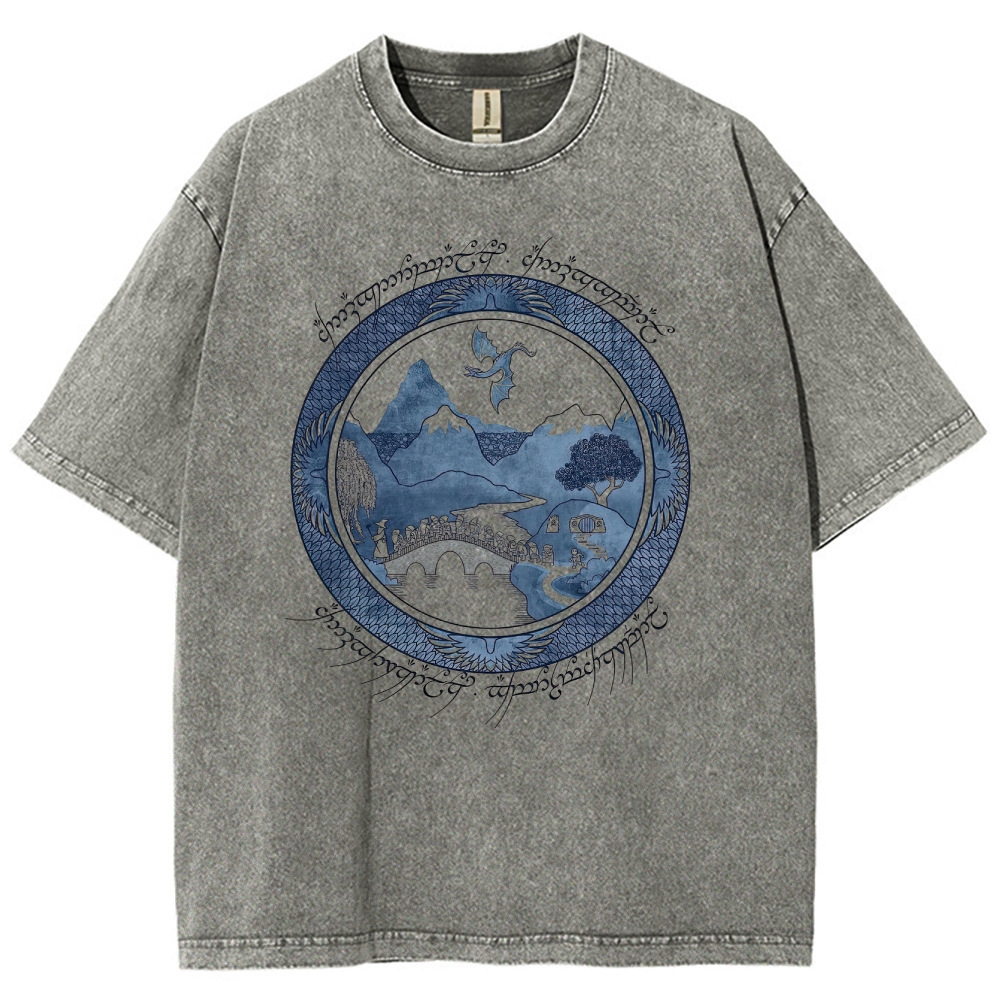Epic Fantasy Landscape & Creature Graphic Retro Washed T-Shirt