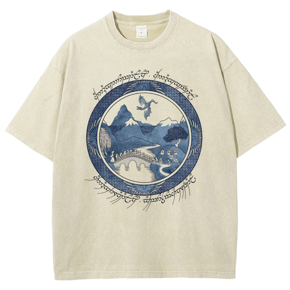 Epic Fantasy Landscape & Creature Graphic Retro Washed T-Shirt