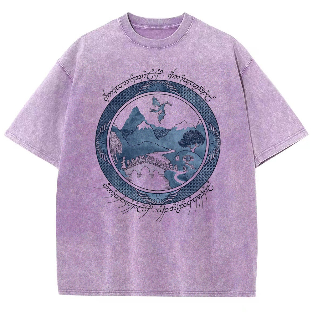 Epic Fantasy Landscape & Creature Graphic Retro Washed T-Shirt