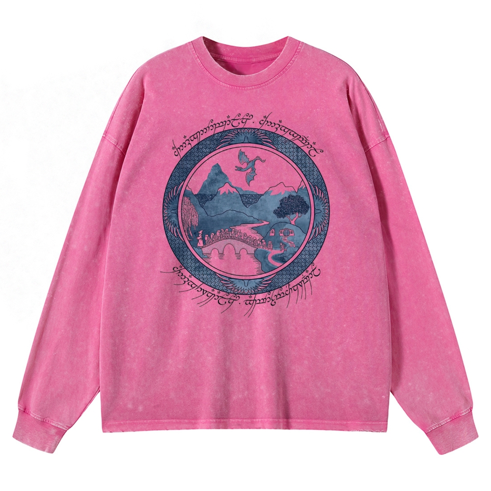 Epic Fantasy Landscape & Creature Graphic Retro Washed Long-Sleeved T-Shirt