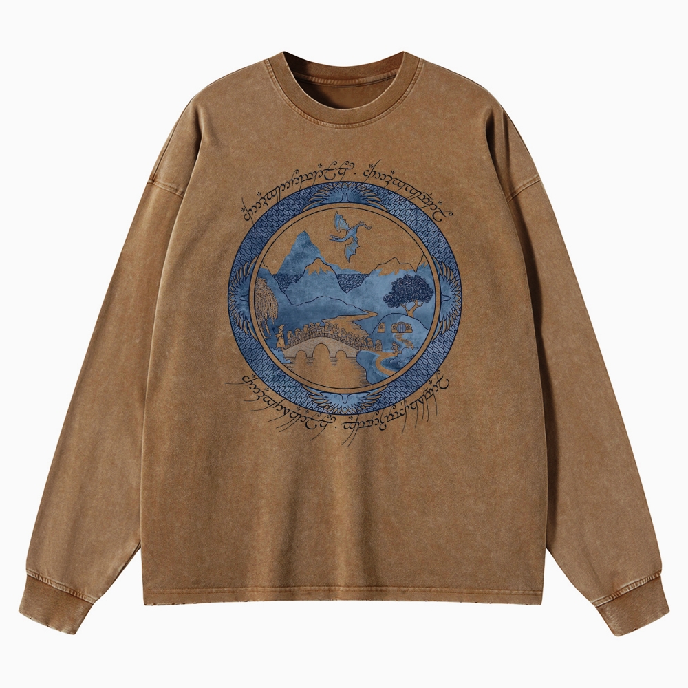 Epic Fantasy Landscape & Creature Graphic Retro Washed Long-Sleeved T-Shirt