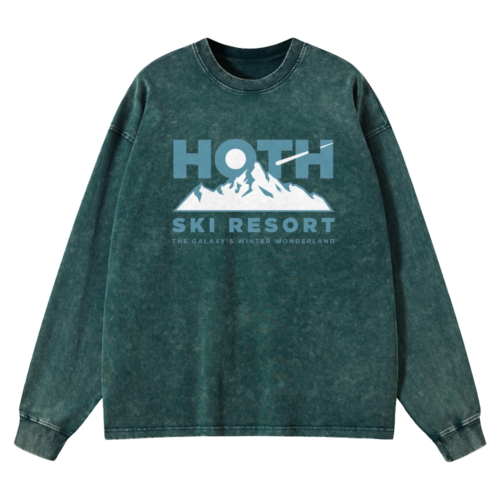 Sci-Fi Winter Resort Graphic Retro Washed Long-Sleeved T-Shirt