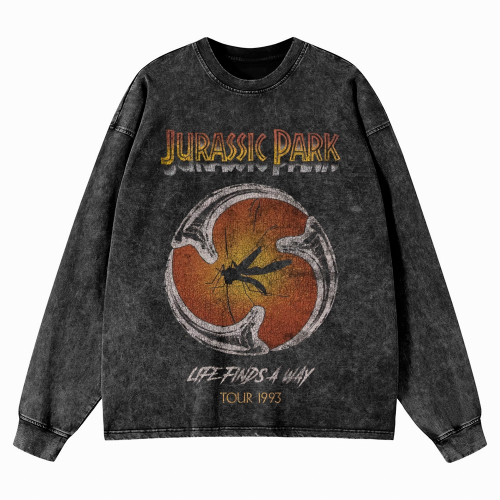 Prehistoric Insect & Slogan Graphic Retro Washed Long-Sleeved T-Shirt