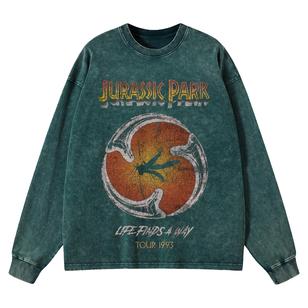 Prehistoric Insect & Slogan Graphic Retro Washed Long-Sleeved T-Shirt