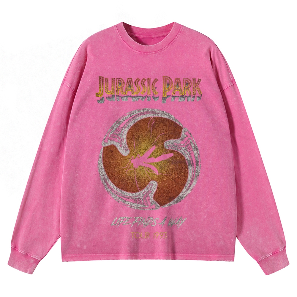 Prehistoric Insect & Slogan Graphic Retro Washed Long-Sleeved T-Shirt