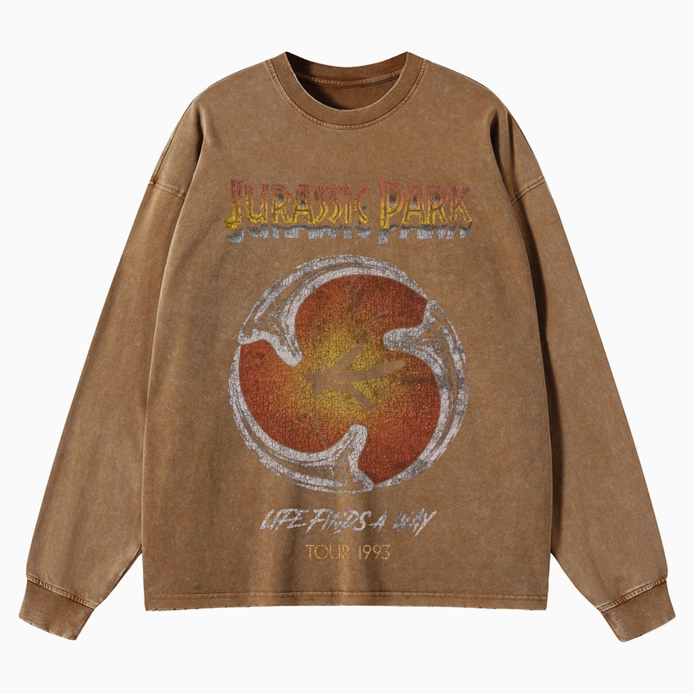 Prehistoric Insect & Slogan Graphic Retro Washed Long-Sleeved T-Shirt