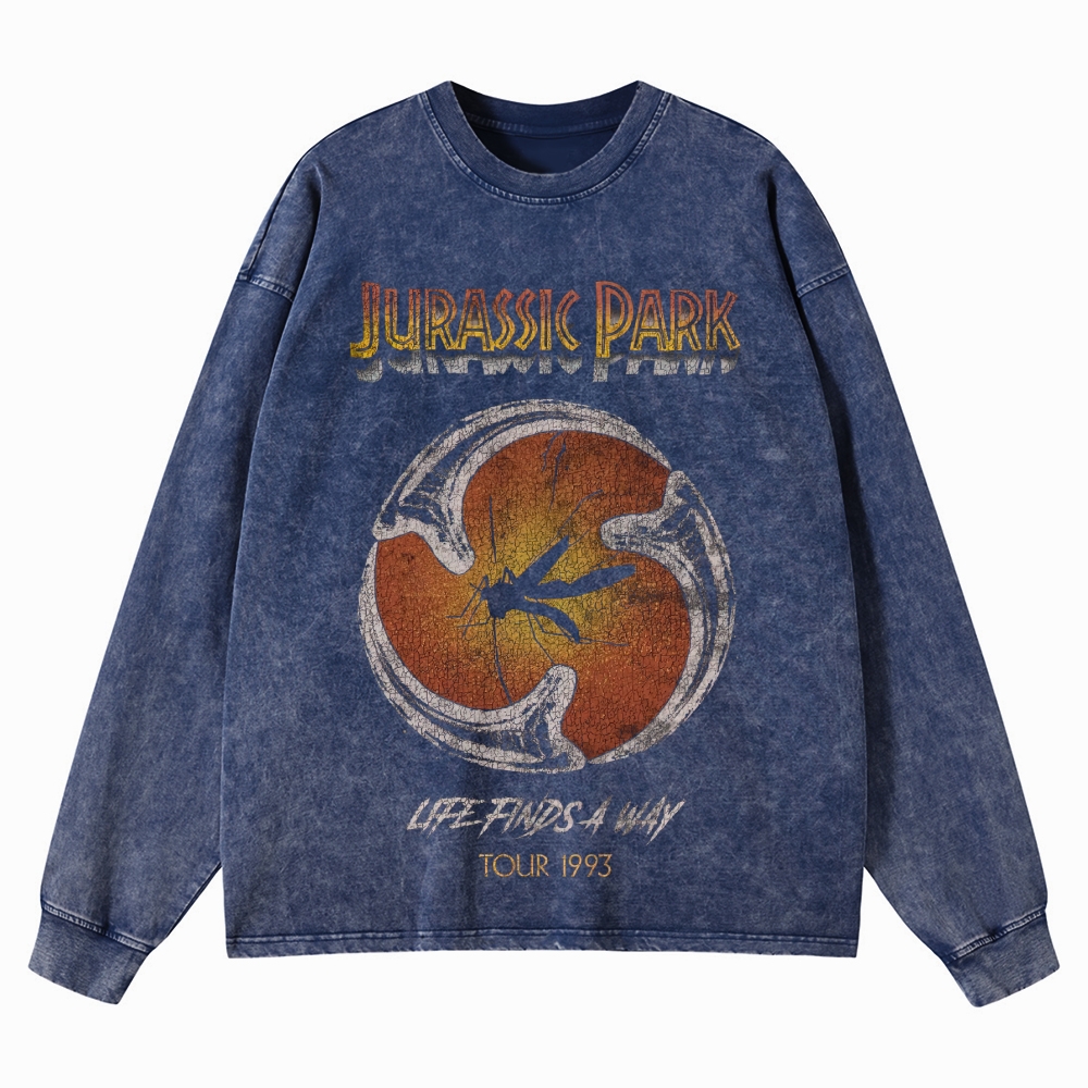 Prehistoric Insect & Slogan Graphic Retro Washed Long-Sleeved T-Shirt