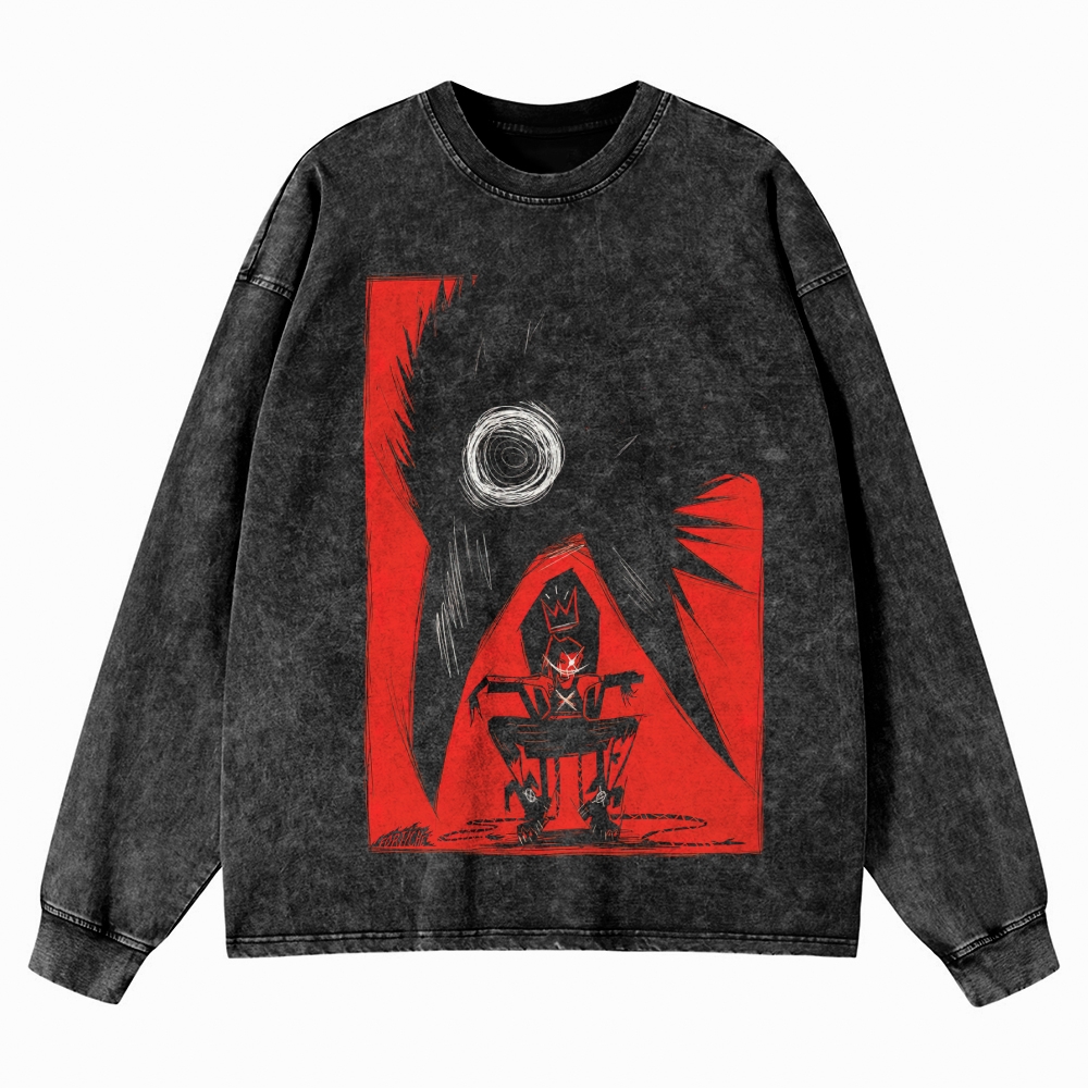 Gothic Horror Creature & Art Graphic Retro Washed Long-Sleeved T-Shirt 