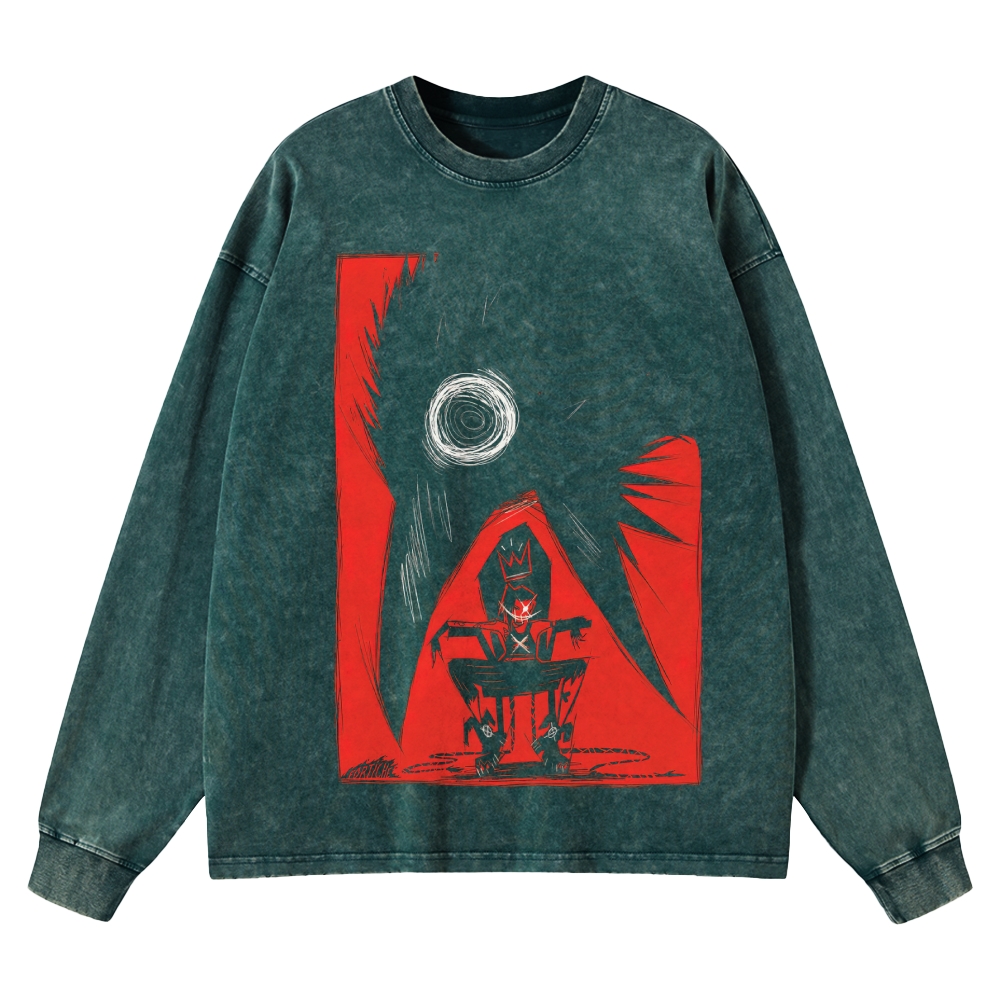 Gothic Horror Creature & Art Graphic Retro Washed Long-Sleeved T-Shirt 
