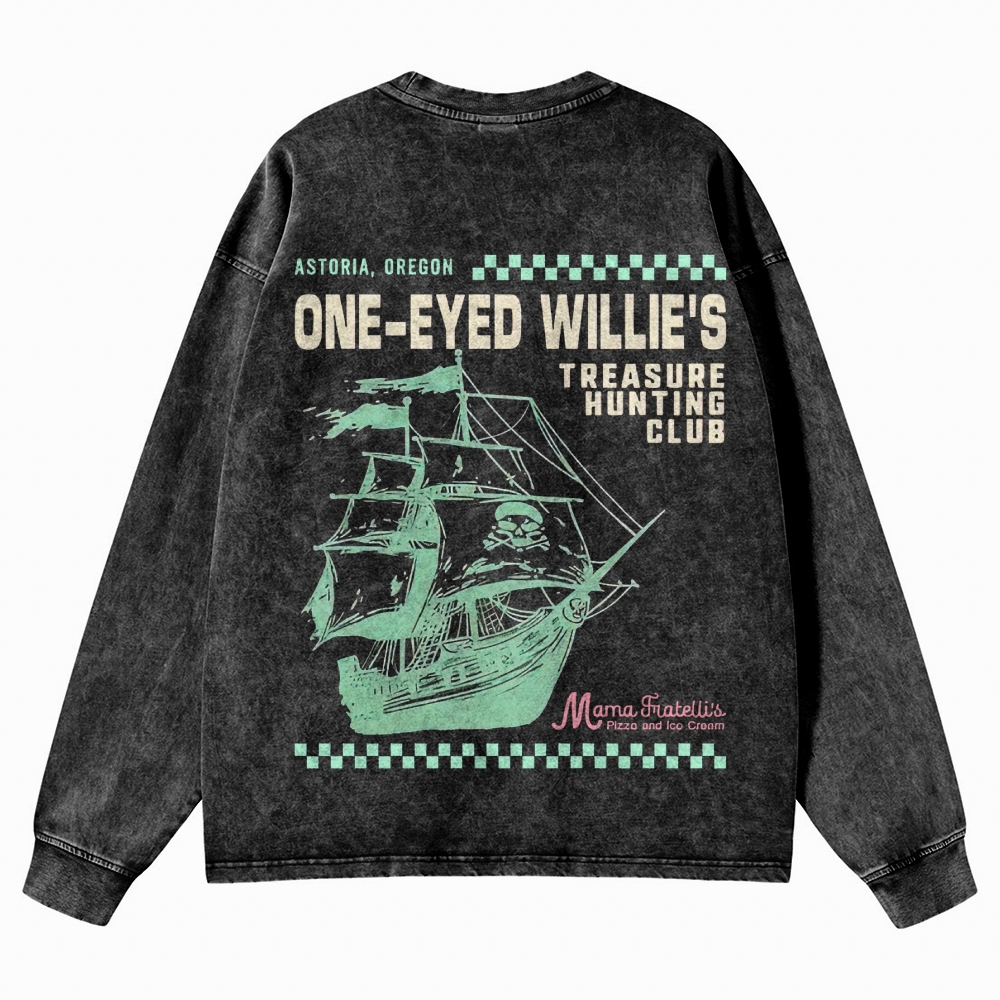 Retro Treasure Hunting & Pirate Ship Graphic Washed Long-Sleeved T-Shirt