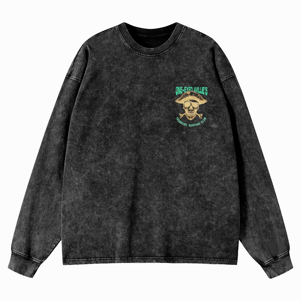 Retro Treasure Hunting & Pirate Ship Graphic Washed Long-Sleeved T-Shirt