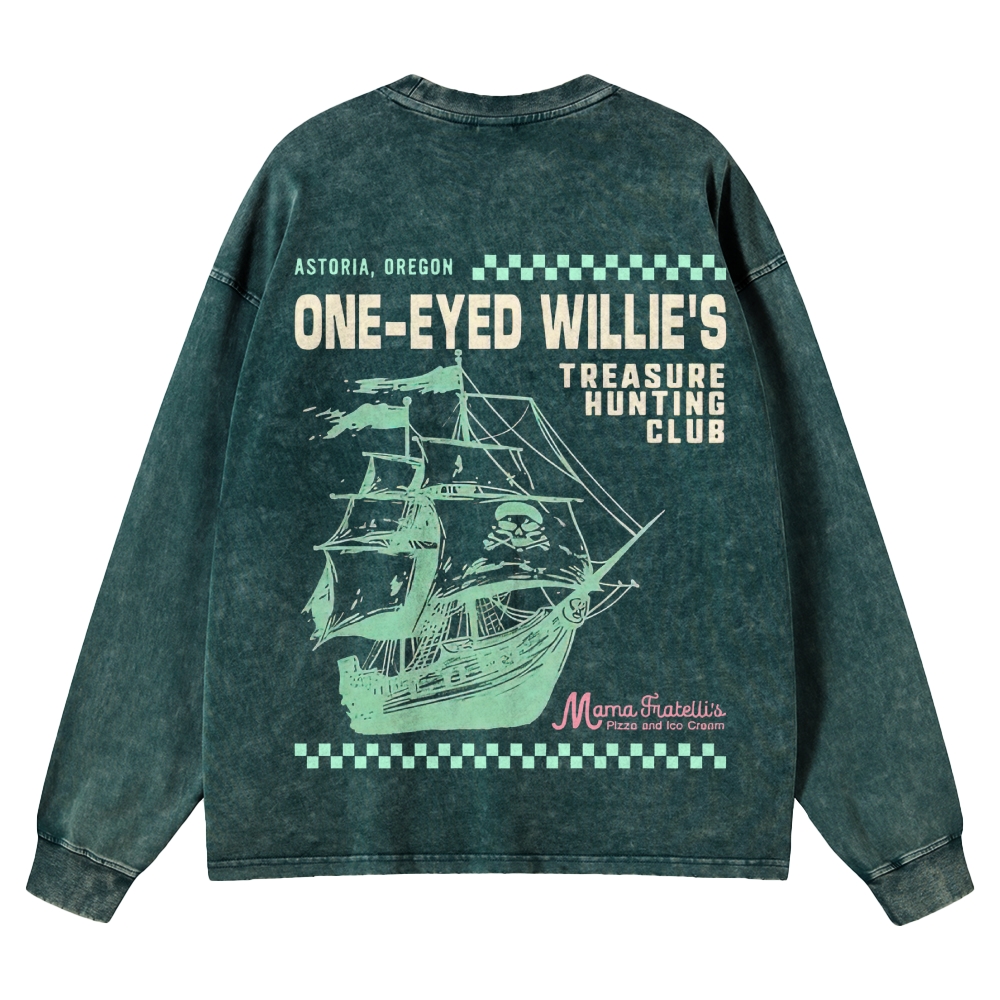 Retro Treasure Hunting & Pirate Ship Graphic Washed Long-Sleeved T-Shirt