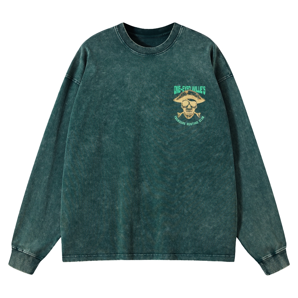 Retro Treasure Hunting & Pirate Ship Graphic Washed Long-Sleeved T-Shirt