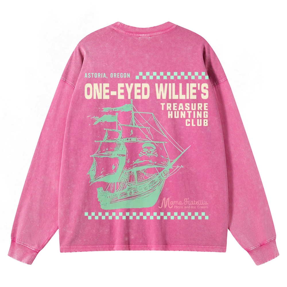 Retro Treasure Hunting & Pirate Ship Graphic Washed Long-Sleeved T-Shirt