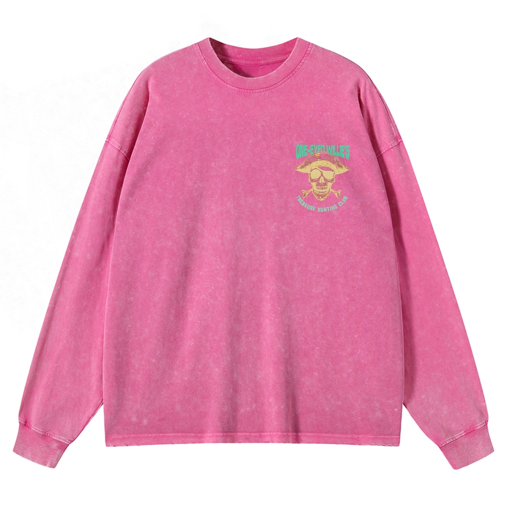 Retro Treasure Hunting & Pirate Ship Graphic Washed Long-Sleeved T-Shirt