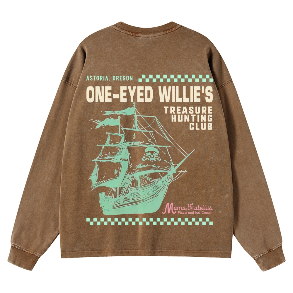 Retro Treasure Hunting & Pirate Ship Graphic Washed Long-Sleeved T-Shirt