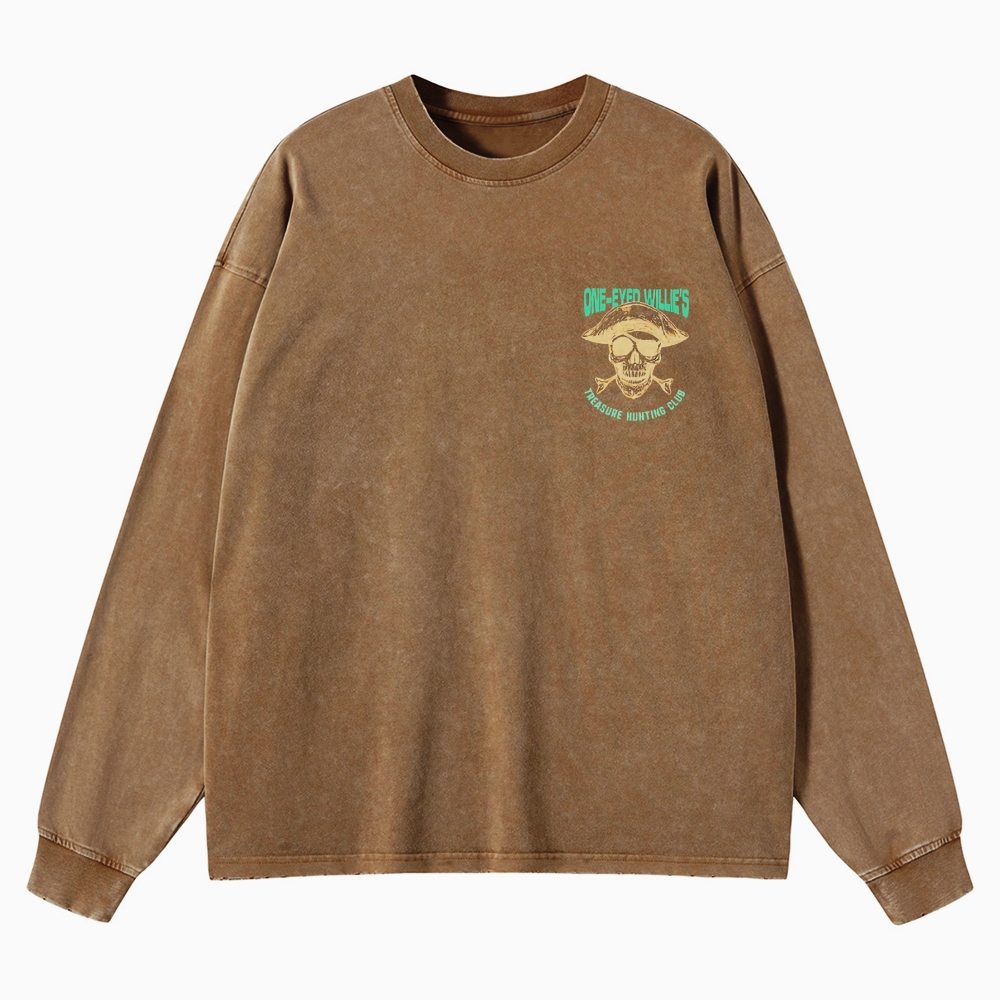Retro Treasure Hunting & Pirate Ship Graphic Washed Long-Sleeved T-Shirt