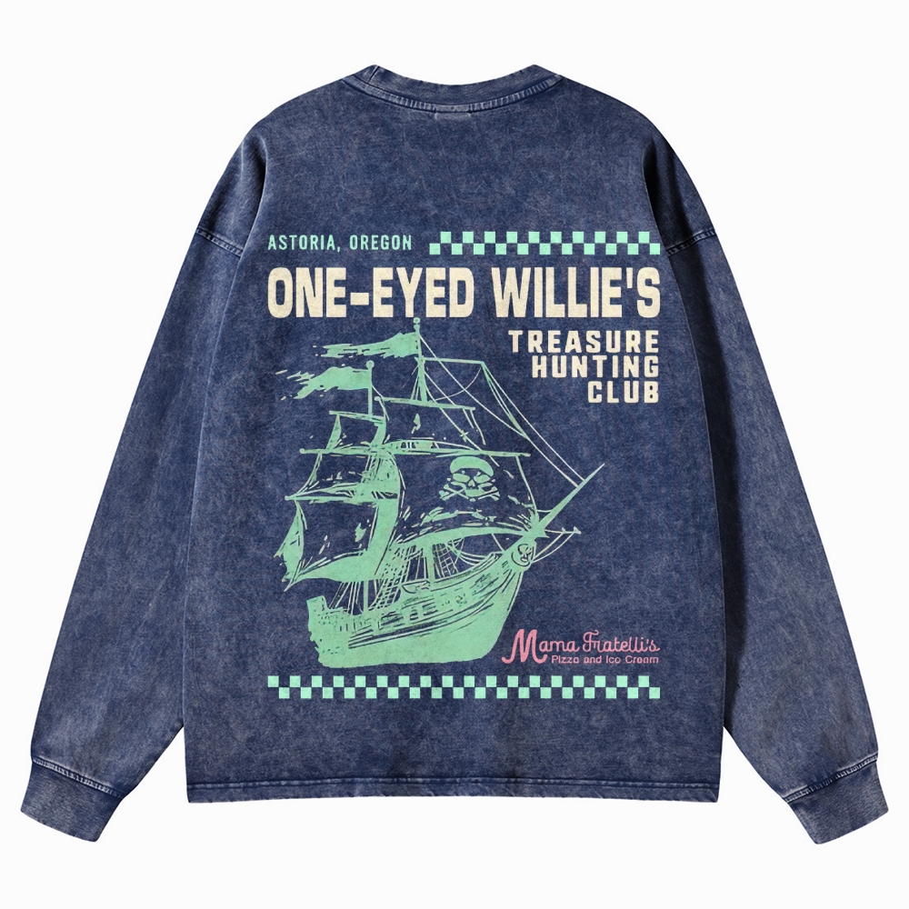 Retro Treasure Hunting & Pirate Ship Graphic Washed Long-Sleeved T-Shirt
