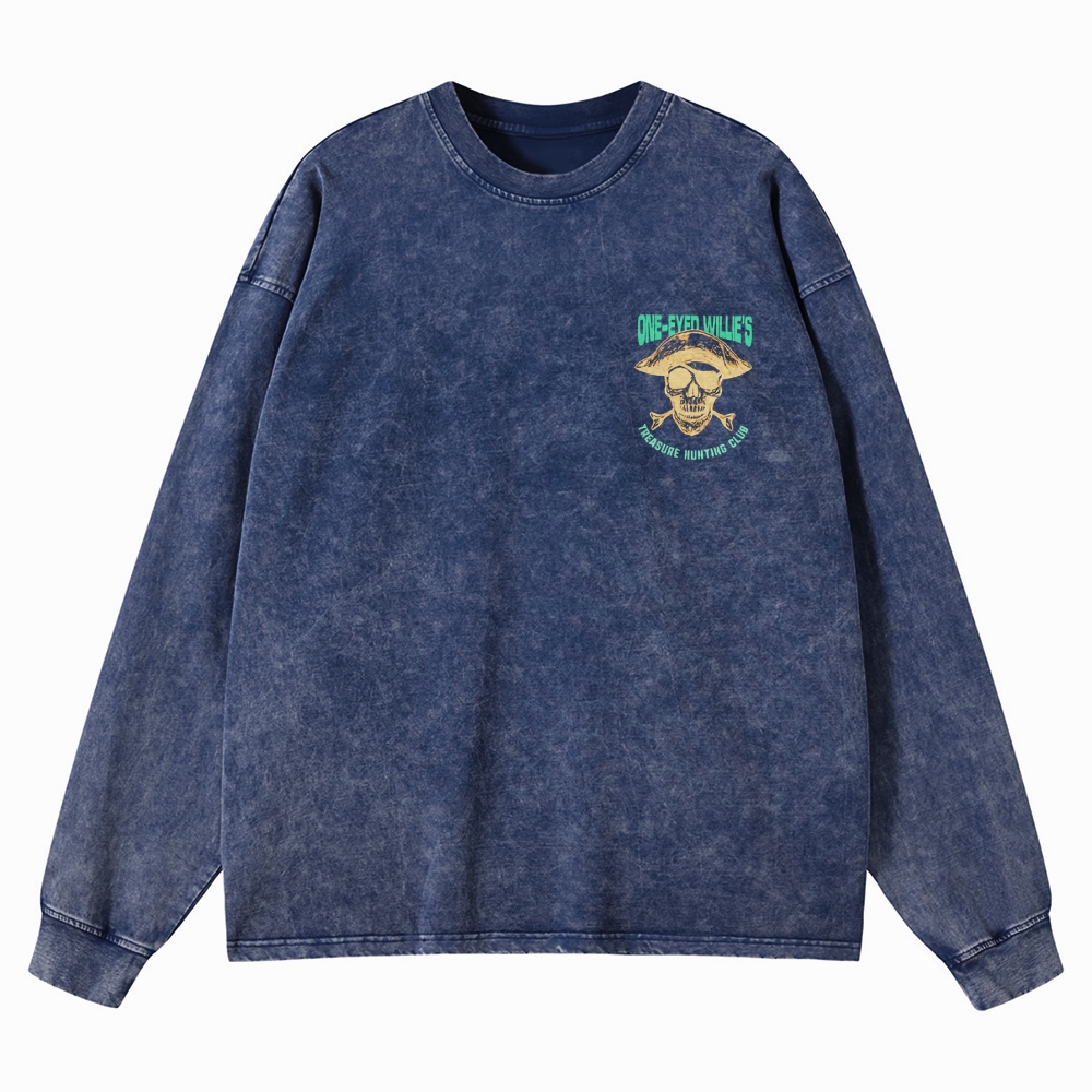 Retro Treasure Hunting & Pirate Ship Graphic Washed Long-Sleeved T-Shirt