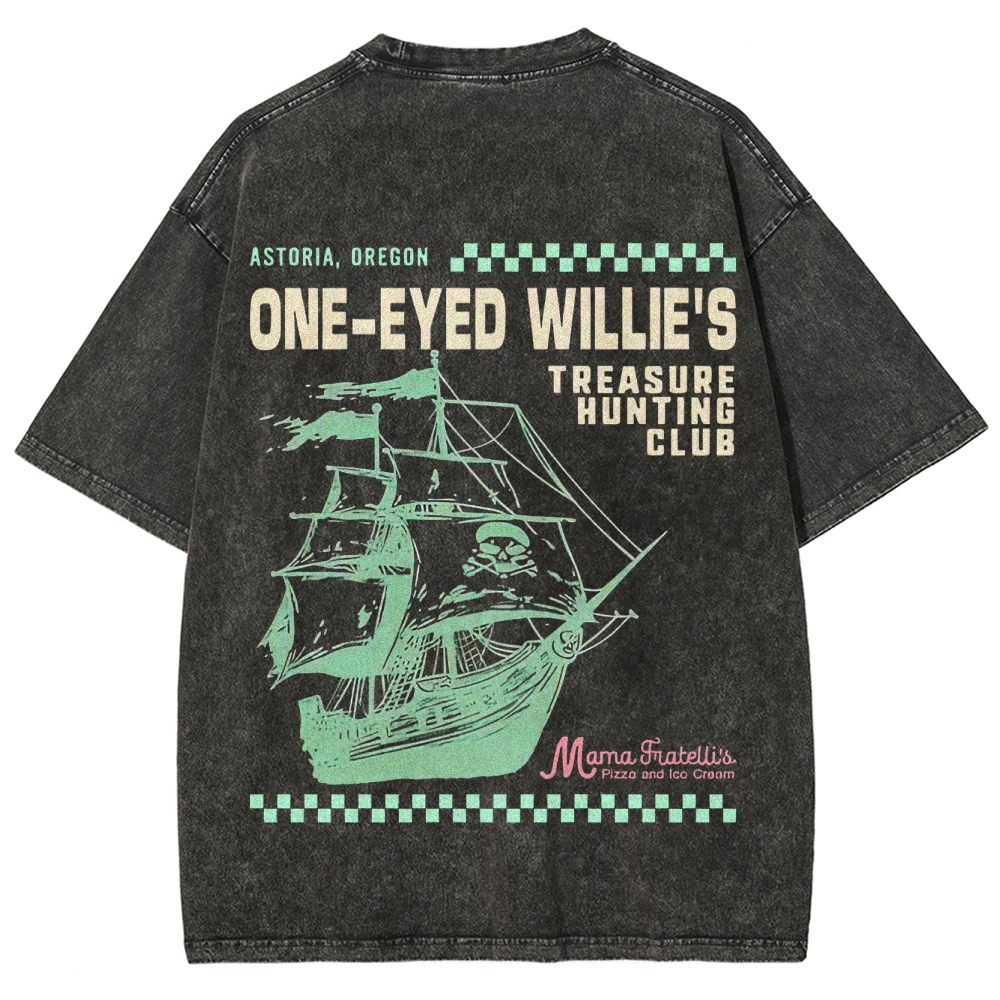 Retro Treasure Hunting & Pirate Ship Graphic Washed T-Shirt