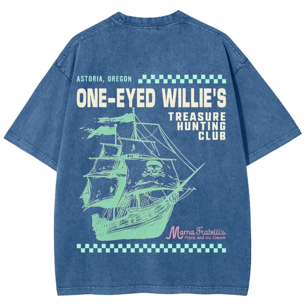 Retro Treasure Hunting & Pirate Ship Graphic Washed T-Shirt