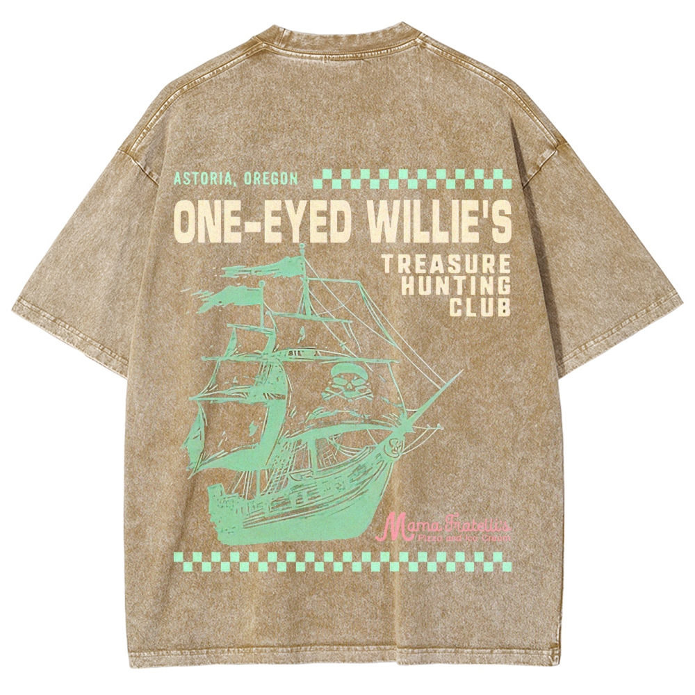 Retro Treasure Hunting & Pirate Ship Graphic Washed T-Shirt