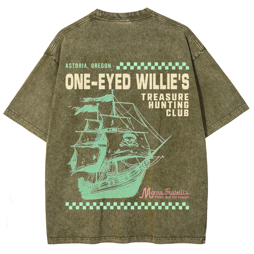 Retro Treasure Hunting & Pirate Ship Graphic Washed T-Shirt