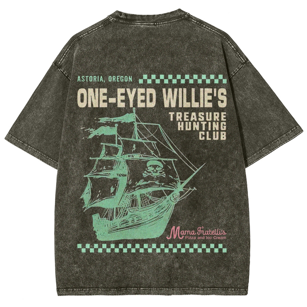 Retro Treasure Hunting & Pirate Ship Graphic Washed T-Shirt