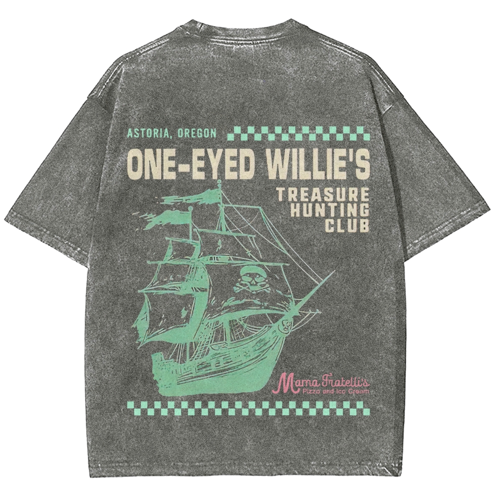 Retro Treasure Hunting & Pirate Ship Graphic Washed T-Shirt