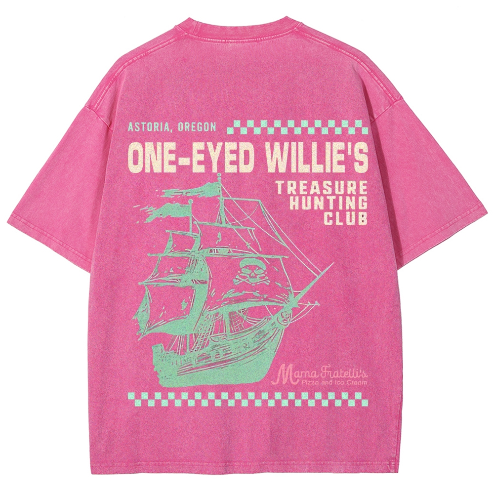 Retro Treasure Hunting & Pirate Ship Graphic Washed T-Shirt