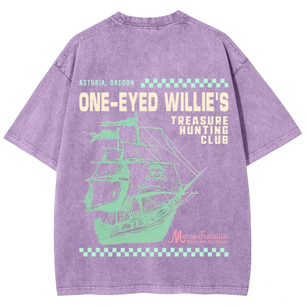 Retro Treasure Hunting & Pirate Ship Graphic Washed T-Shirt