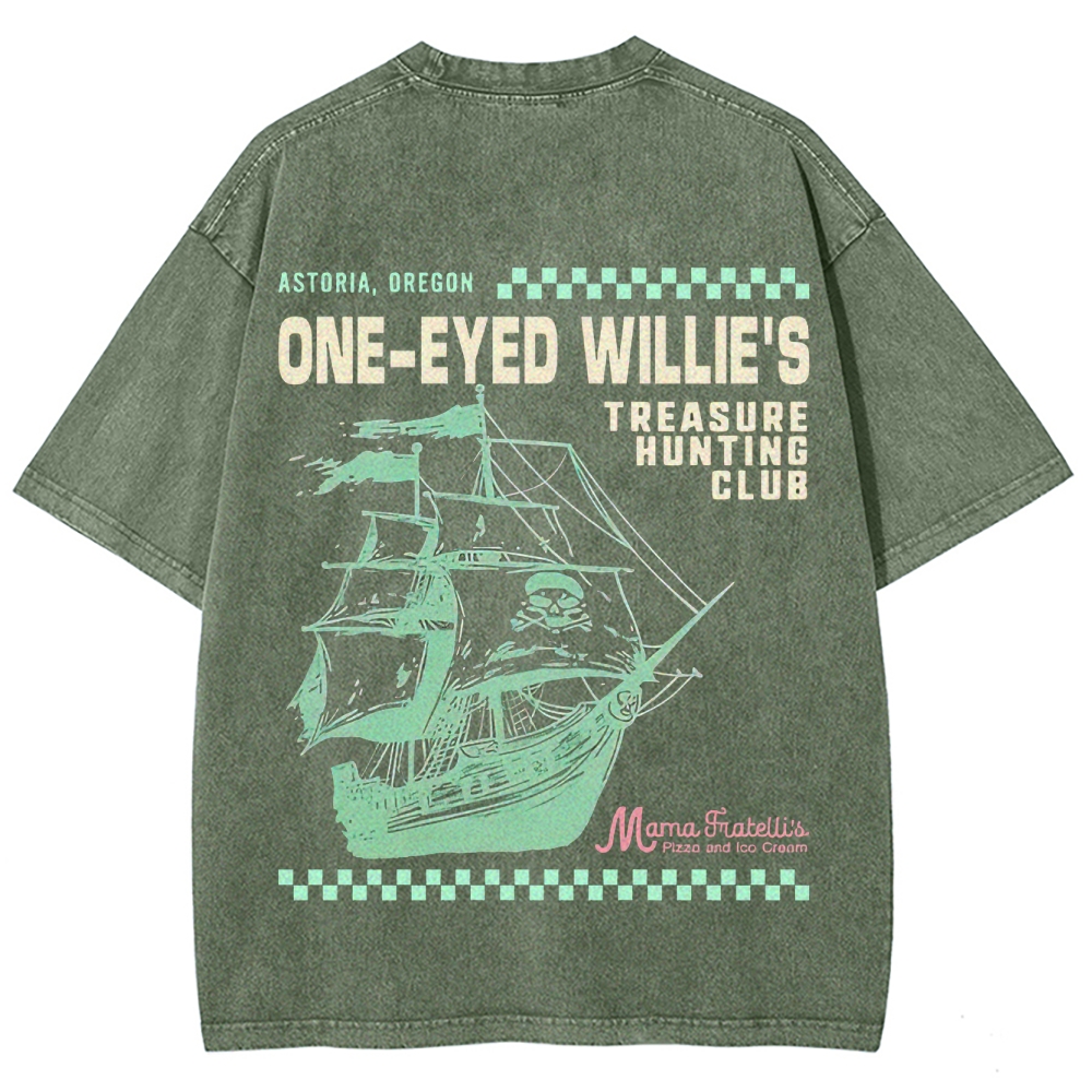 Retro Treasure Hunting & Pirate Ship Graphic Washed T-Shirt