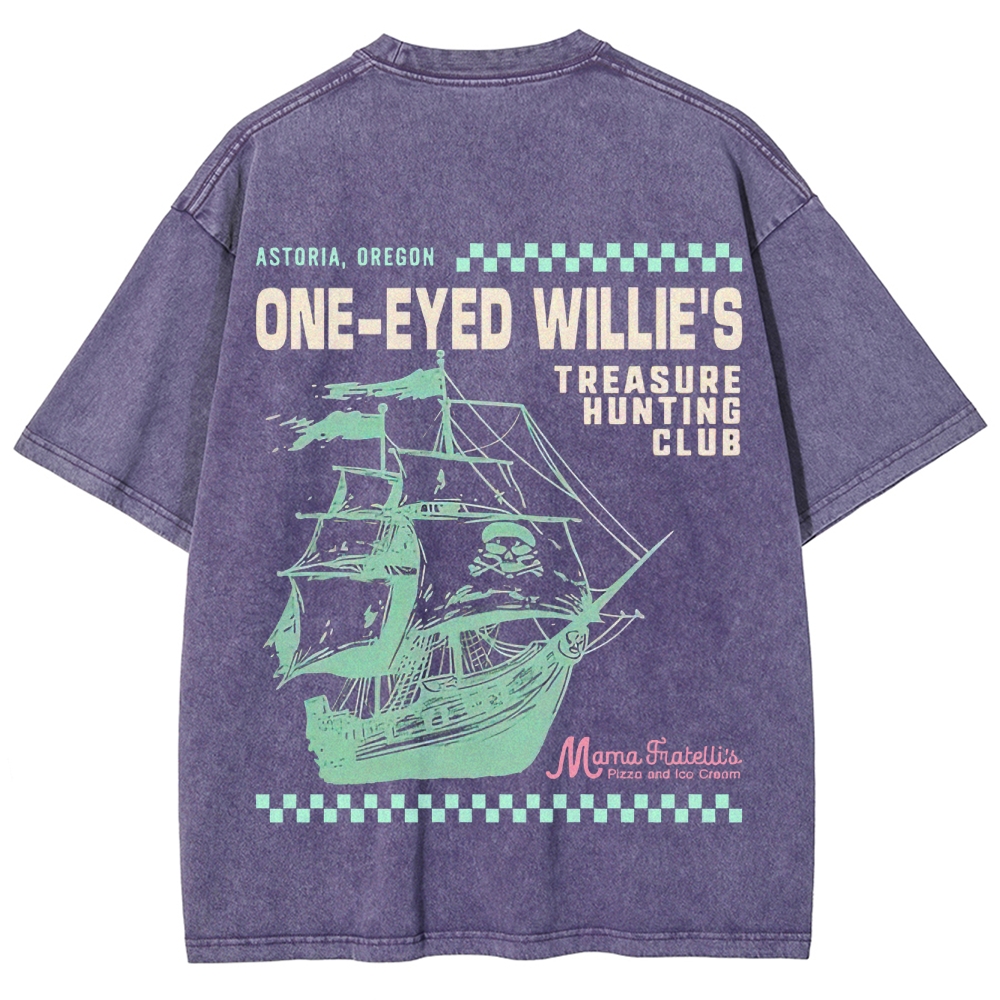 Retro Treasure Hunting & Pirate Ship Graphic Washed T-Shirt