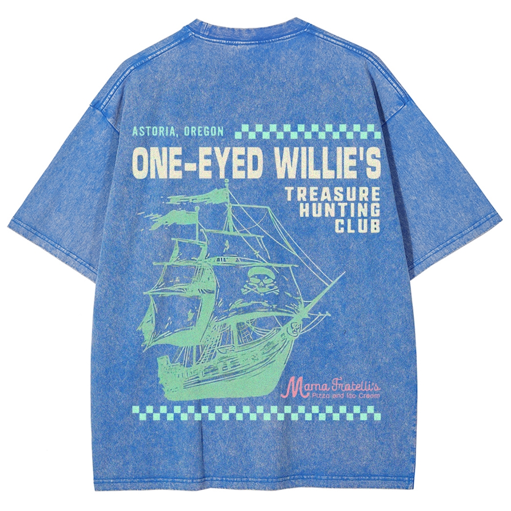 Retro Treasure Hunting & Pirate Ship Graphic Washed T-Shirt