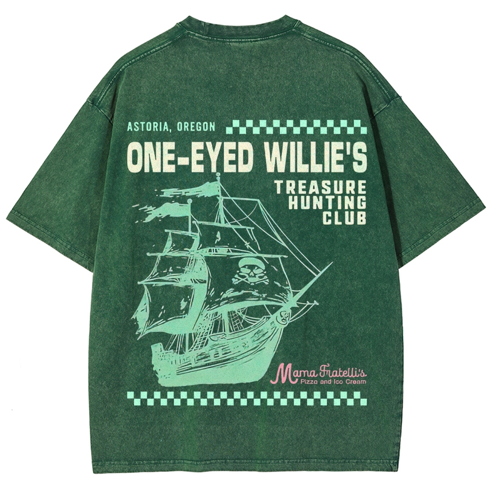 Retro Treasure Hunting & Pirate Ship Graphic Washed T-Shirt